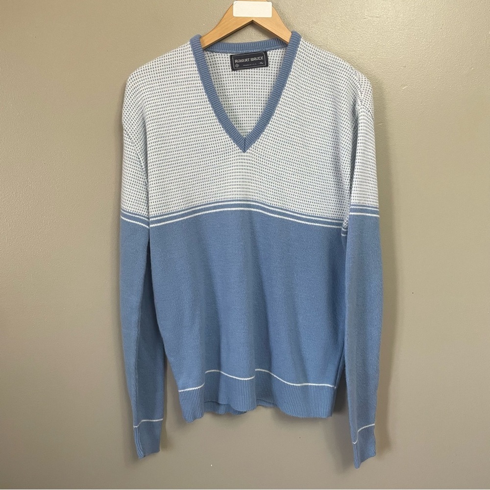 Robert Bruce VTG Wool Blue Sweater V-neck Men’s Size XL Made In USA Golf